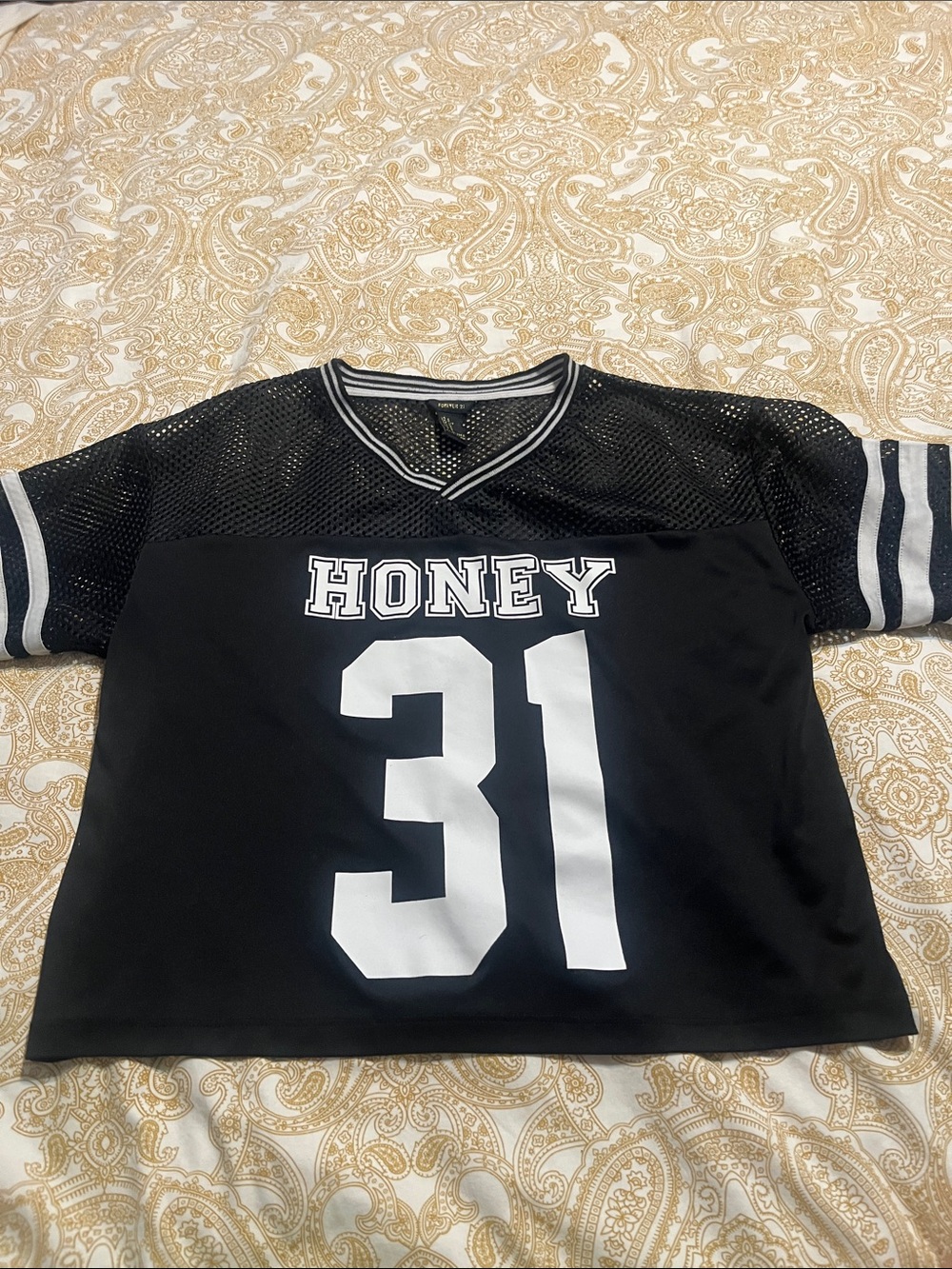 Forever 21 Black Mesh Jersey Top with White Graphics
